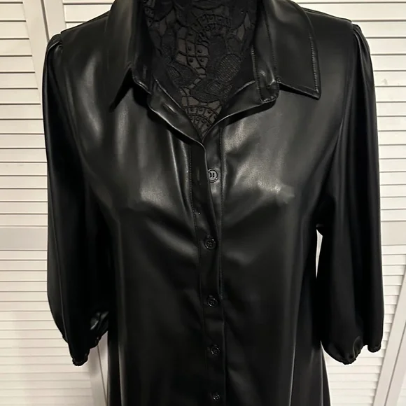 Dolce Cabo Vegan Leather Puff Sleeve Shirt Dress - Picture 2 of 7
